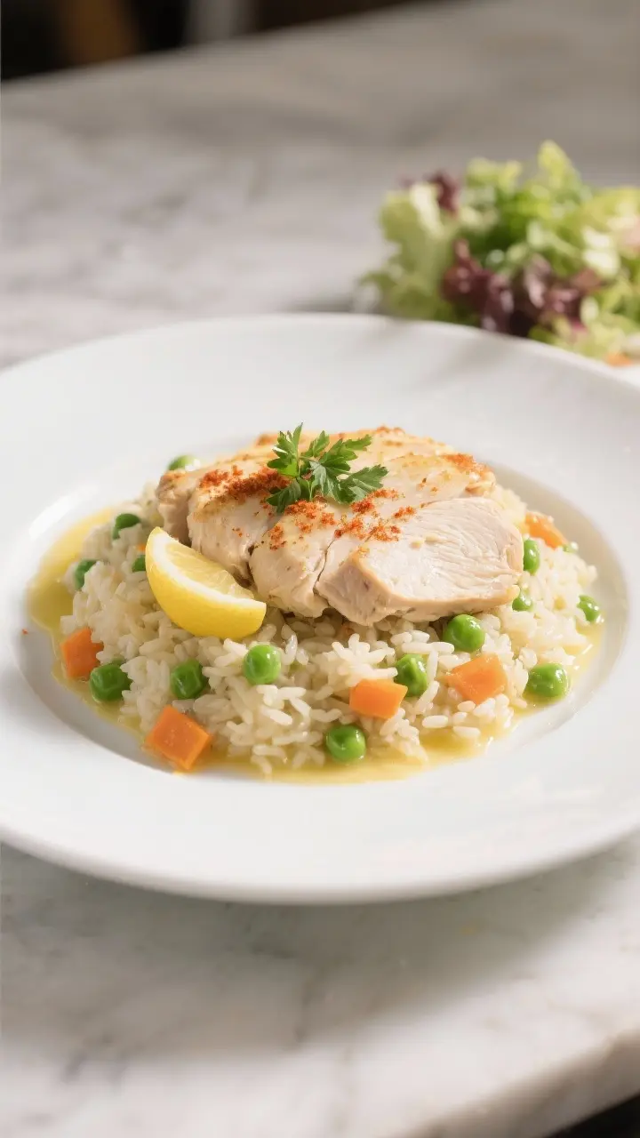 Final plated presentation: Restaurant-quality plating of a generous scoop of chicken and rice casser