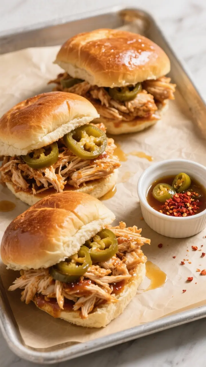 Overhead “tasty top view” of Mississippi chicken sandwiches: toasted brioche rolls piled high wi