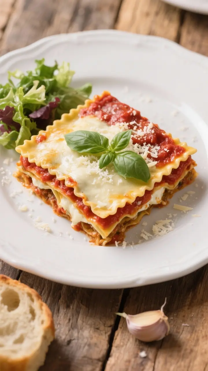 Overhead tasty top view: Sliced square of crockpot ravioli lasagna served on a white ceramic plate,