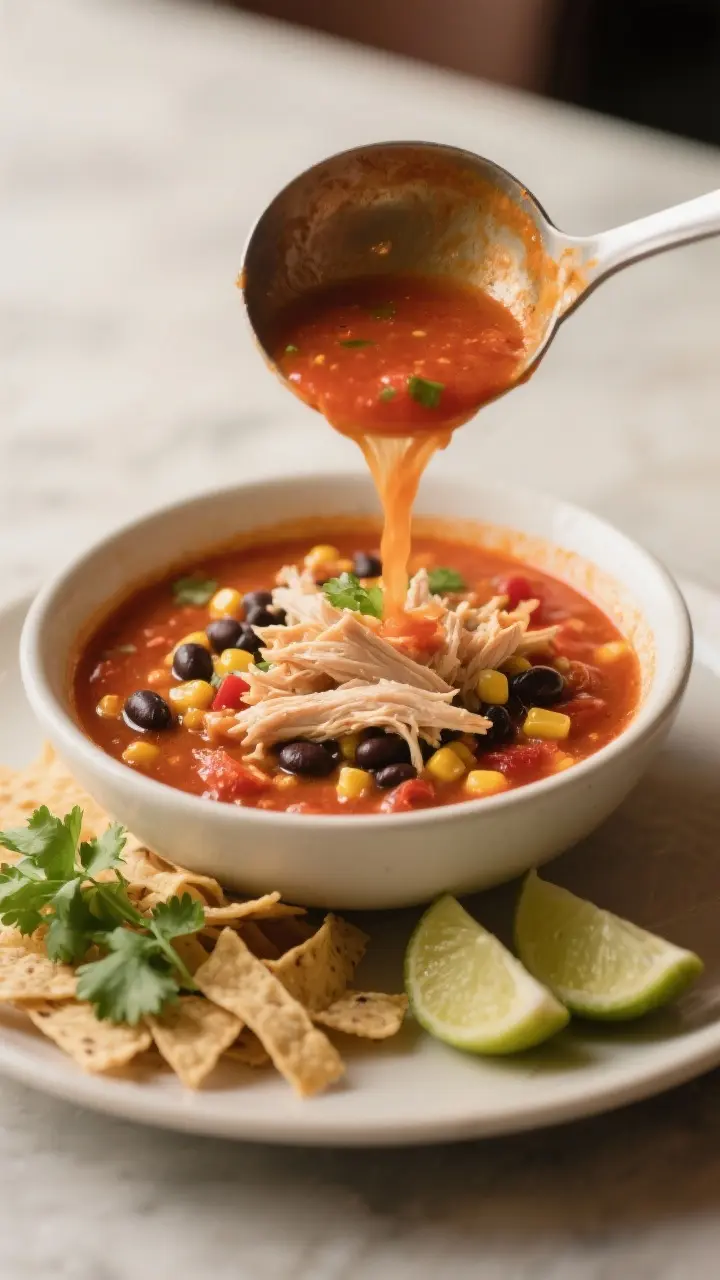 Process-to-serve transition plate: Three-quarter angle beauty shot of a ladle pouring the finished s