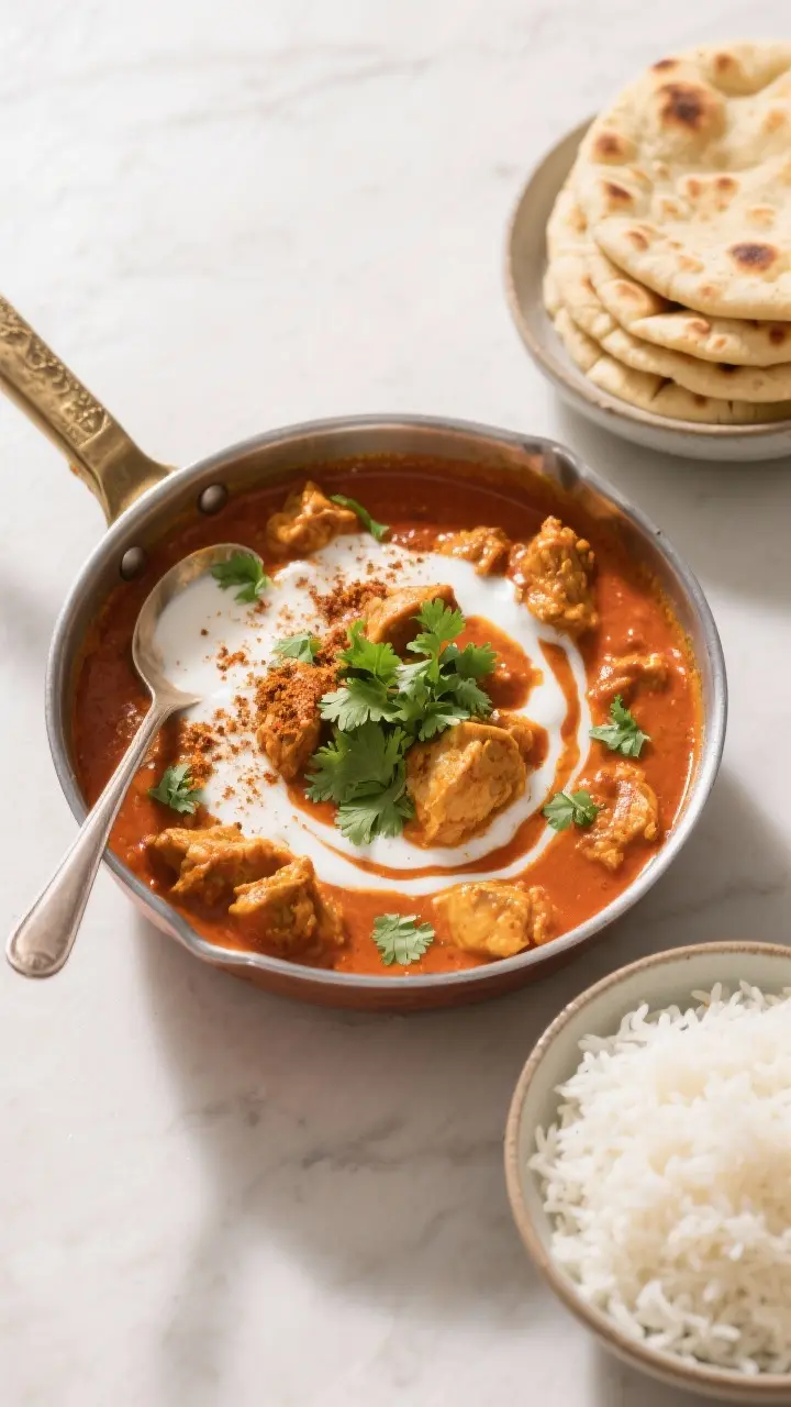 Tasty : Overhead shot of a family-style serving—shallow pot of finished chicken curry with a swirl