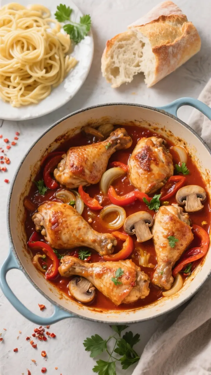 Tasty overhead top view: Family-style serving of chicken cacciatore in a rustic braiser, top-down. C