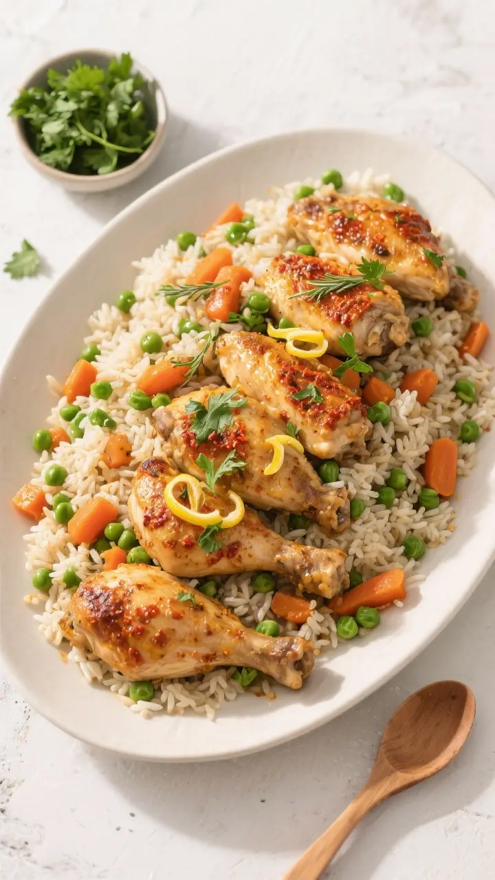 Tasty top-down family-style: Overhead shot of a wide, shallow serving platter piled with the finishe