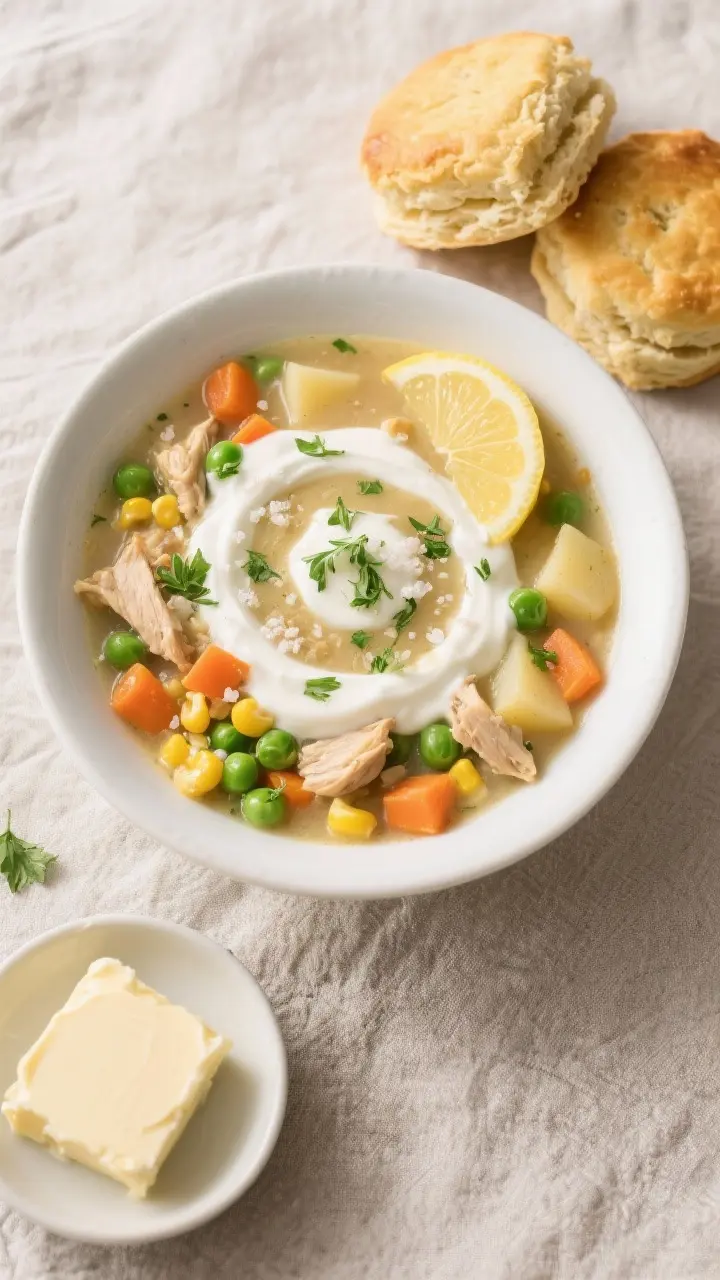This is the kind of soup that makes a chilly evening feel better the second it hits the table. Think of all the cozy flavors of a classic chicken pot pie, but in a bowl you can ladle and slurp. It’s rich without being heavy, creamy without being fussy, and full of tender chicken and vegetables.