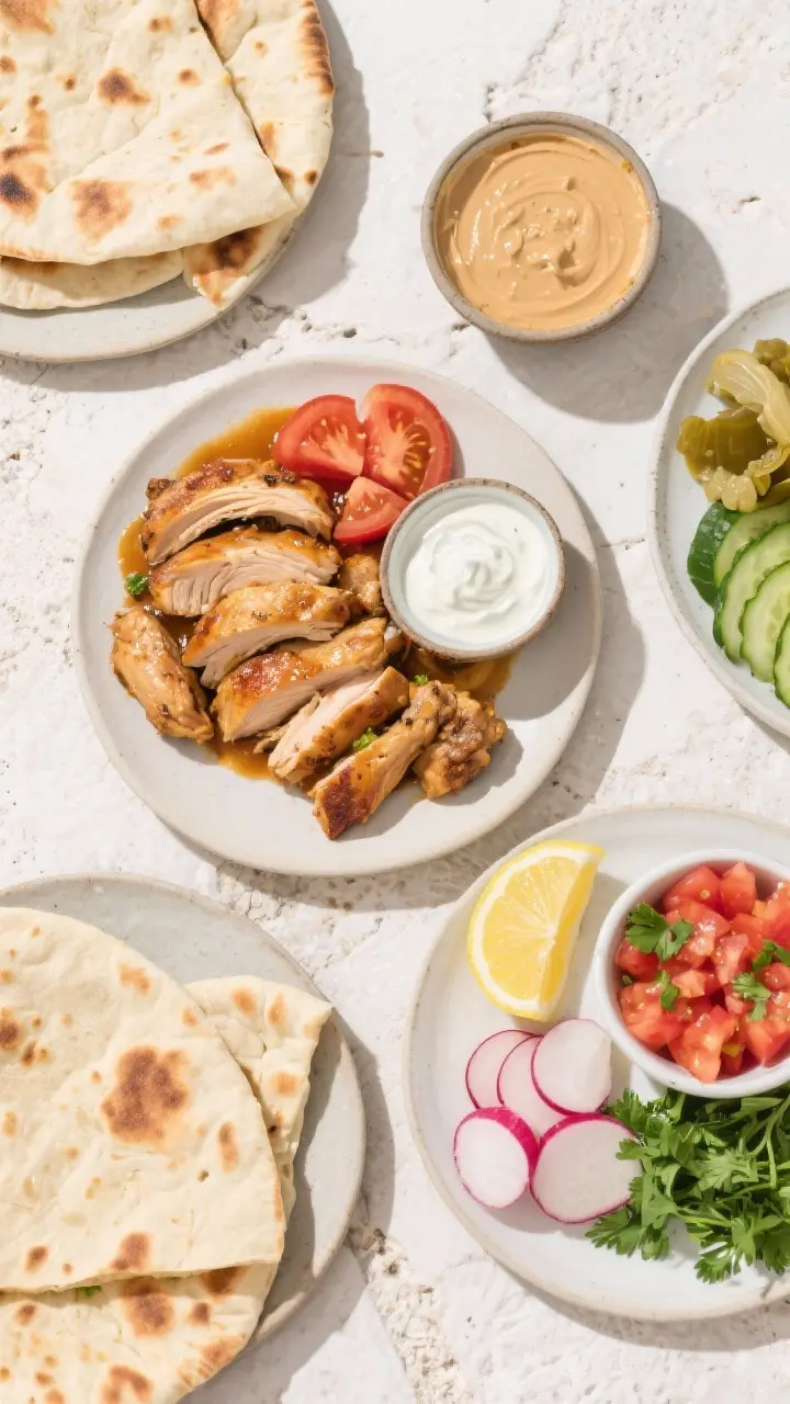 Tasty top view: Overhead shot of a build-your-own shawarma spread—warm pita and lavash, a mound of