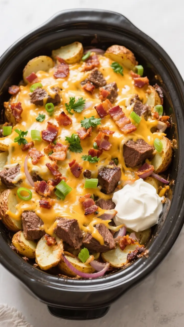 Tasty top view: Overhead shot of the finished loaded steak & potato bake in the slow cooker, cheese 