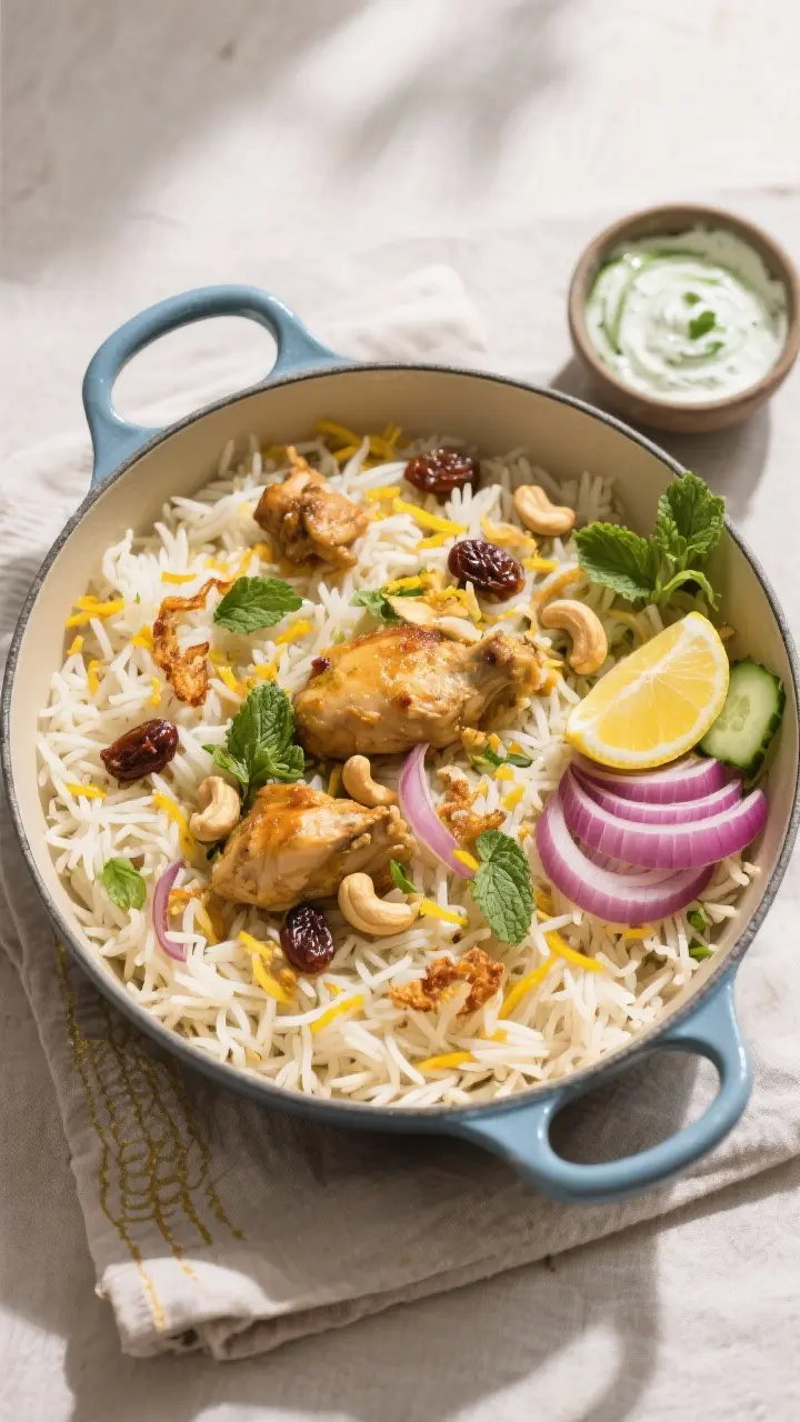 Tasty top view: Overhead shot of the just-fluffed finished chicken biryani in a Dutch oven—distinc