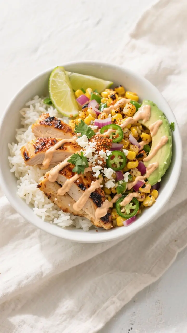Tasty top view: Overhead shot of the street corn chicken rice bowl fully assembled—fluffy jasmine 