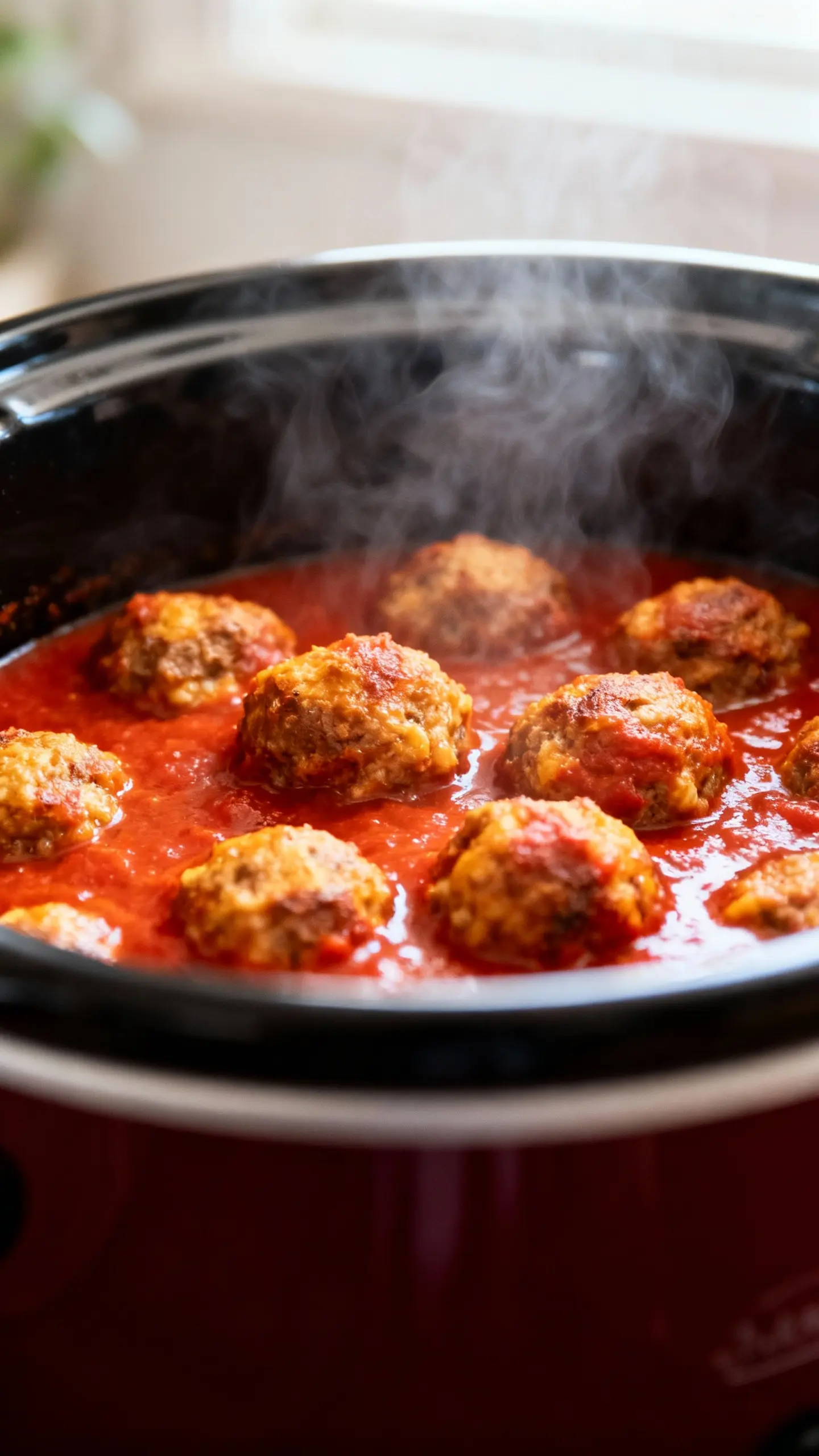 crockpot meatballs in marinara, steam rising, overhead shot