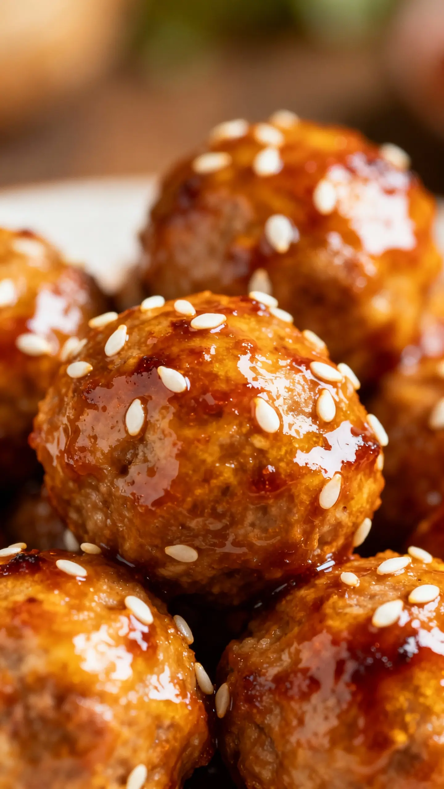 tender meatballs in sweet-spicy glaze, sesame garnish, macro shot