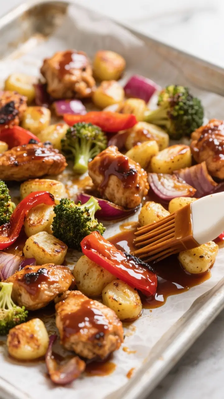 Close-up detail: Crispy roasted potato gnocchi and BBQ-glazed chicken bites fresh from the oven on a