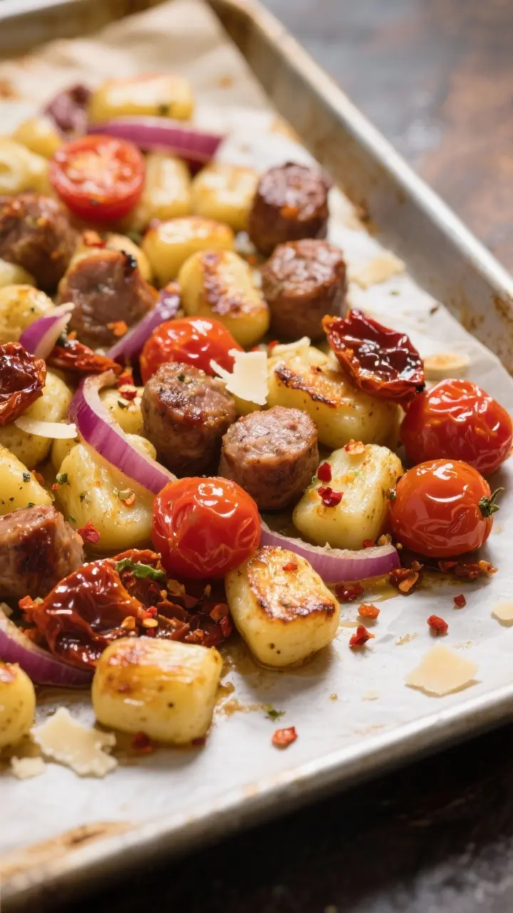 Cooking process, close-up detail: Close-up of roasted potato gnocchi and Italian sausage just out of