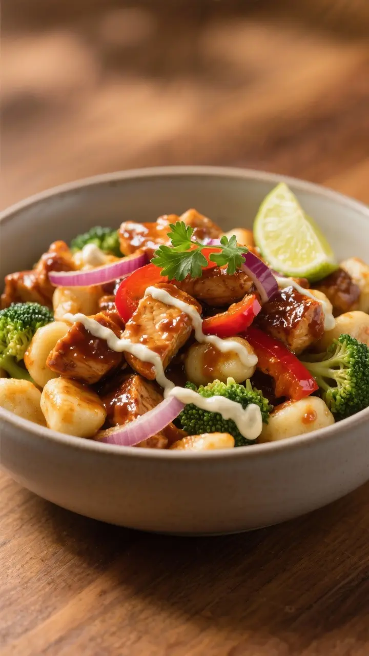 Final dish presentation: Beautifully plated bowl of BBQ chicken gnocchi, restaurant-quality presenta