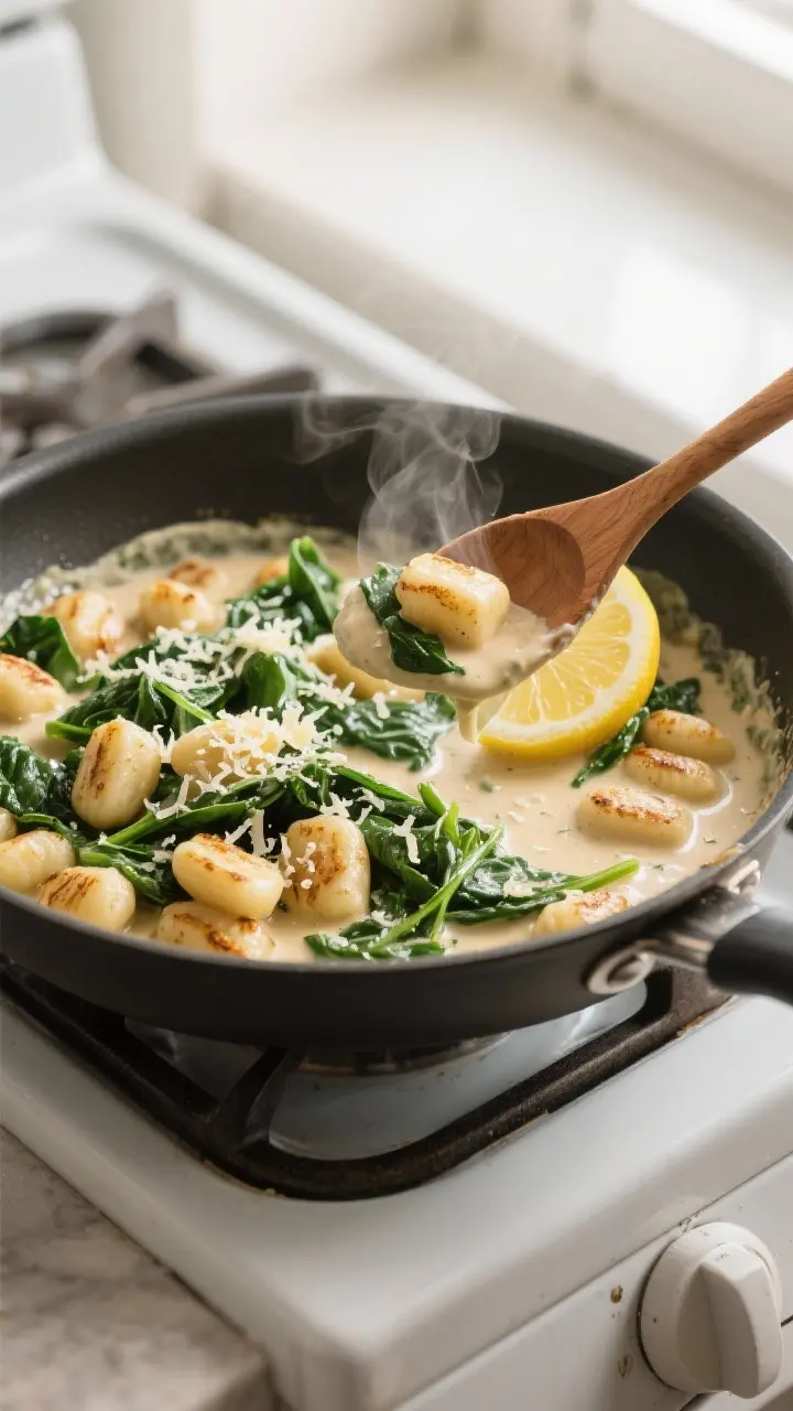 Pan finish action shot: Overhead shot of the skillet finish—creamy Tuscan sauce gently simmering a