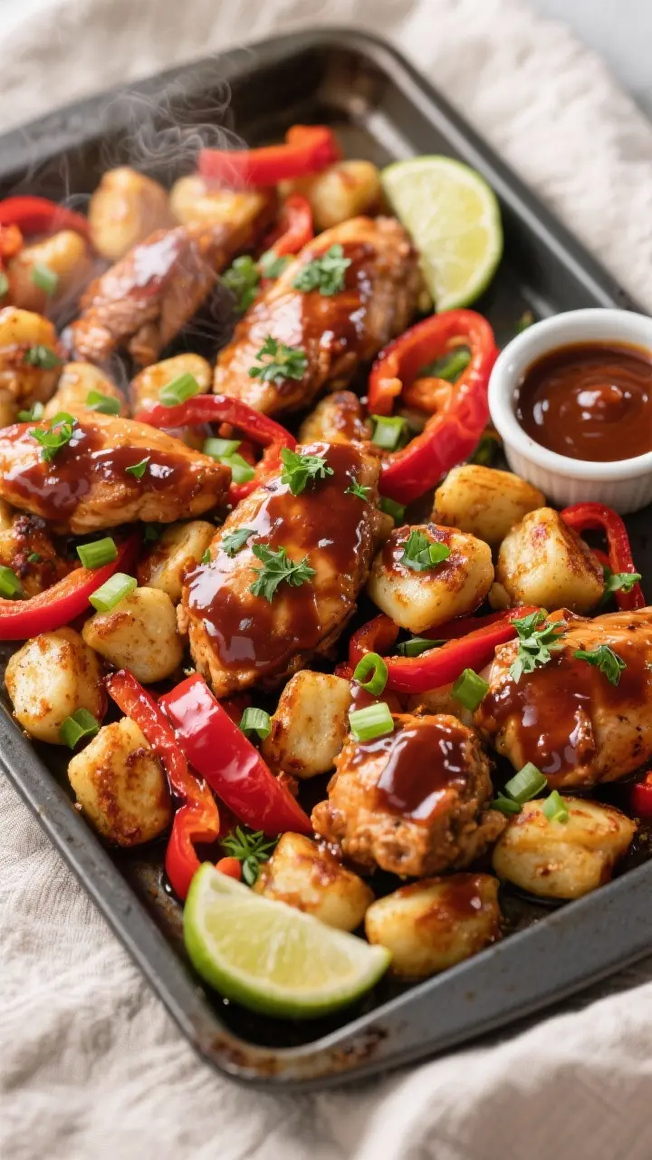Tasty top view: Overhead shot of Sheet Pan BBQ Chicken Gnocchi tossed and finished with a final glos