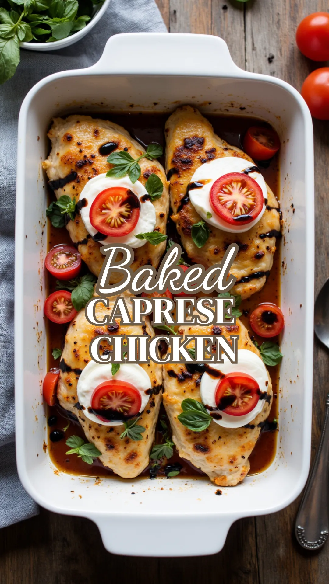 Overhead view of Baked Caprese Chicken in a white ceramic dish: golden chicken breasts topped with mozzarella, sliced tomatoes, fresh basil, and a drizzle of balsamic glaze, rustic wood background