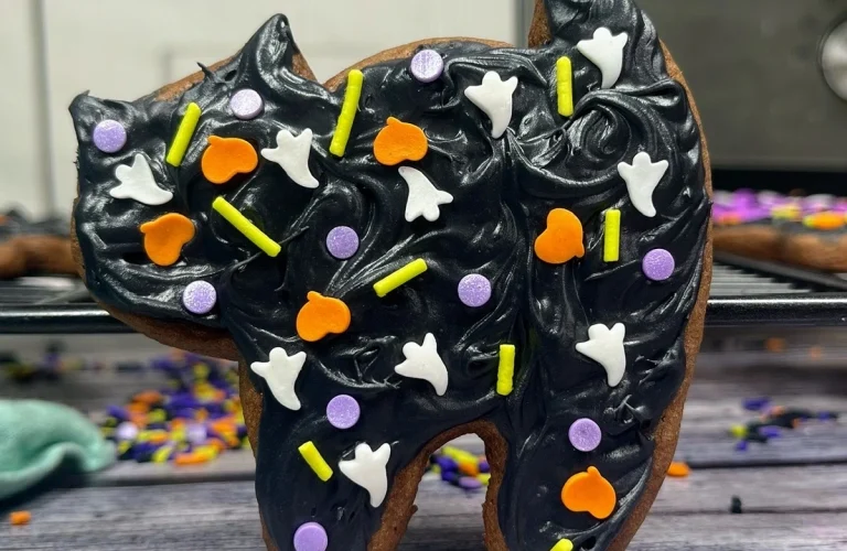 Made from a chocolate box mix and decorated with jet-black icing and Halloween sprinkles, these cookies are a cute and classic party hit. They’re purr-fect for cookie decorating stations or spooky snack platters with a magical twist.