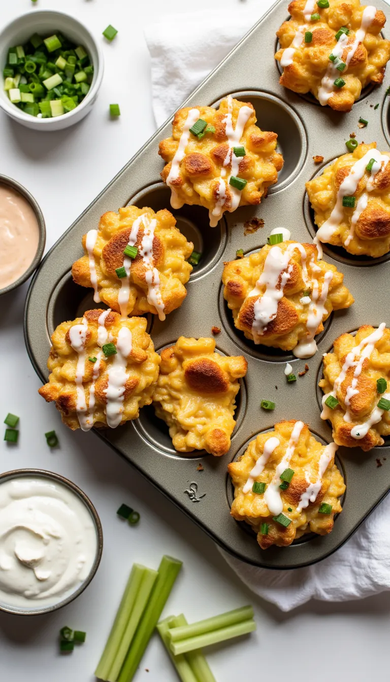 Creamy mac and cheese meets spicy buffalo chicken in these easy, crowd-pleasing muffin tin cups—perfect for game day! #easyappetizers #comfortfood #bakedmacandcheese