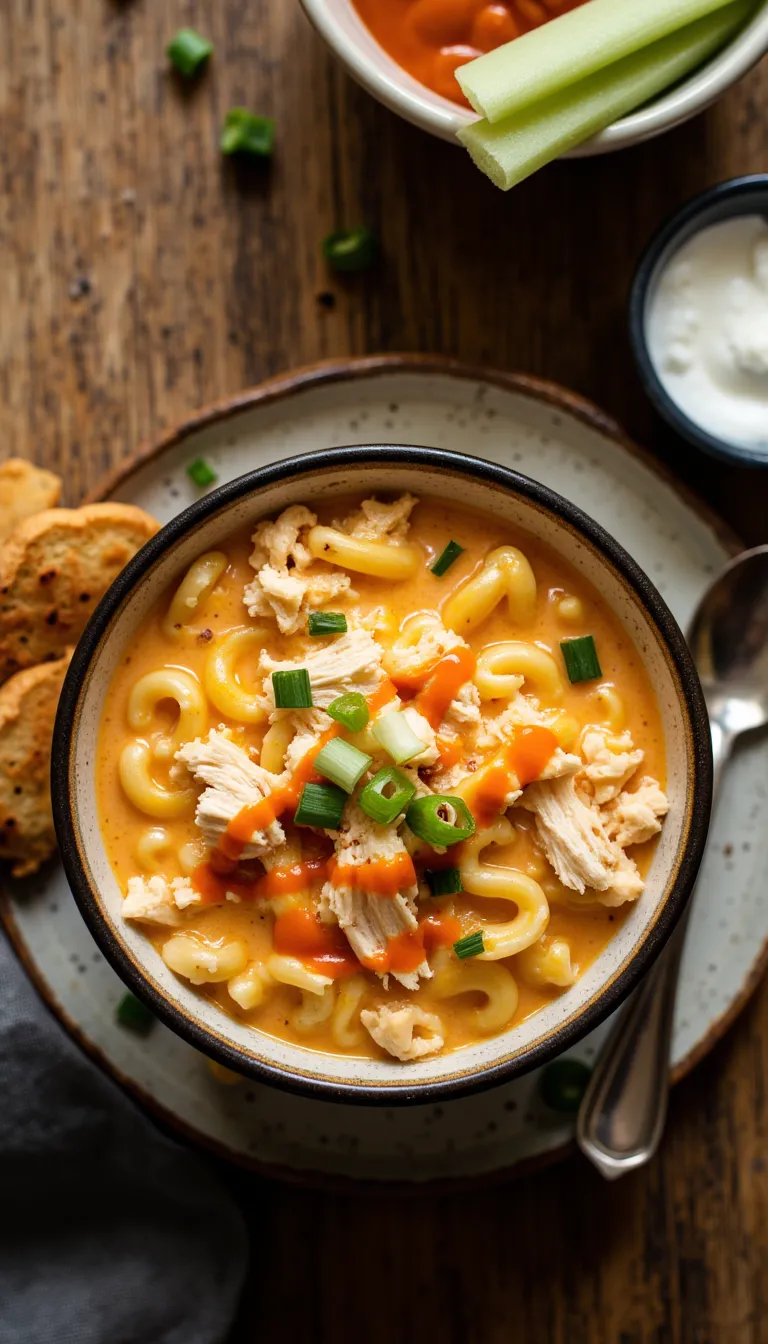 Creamy, cheesy, and spicy—this Buffalo Chicken Mac Noodle Soup is the ultimate comfort food mashup. #buffalochicken #macandcheese #comfortfood