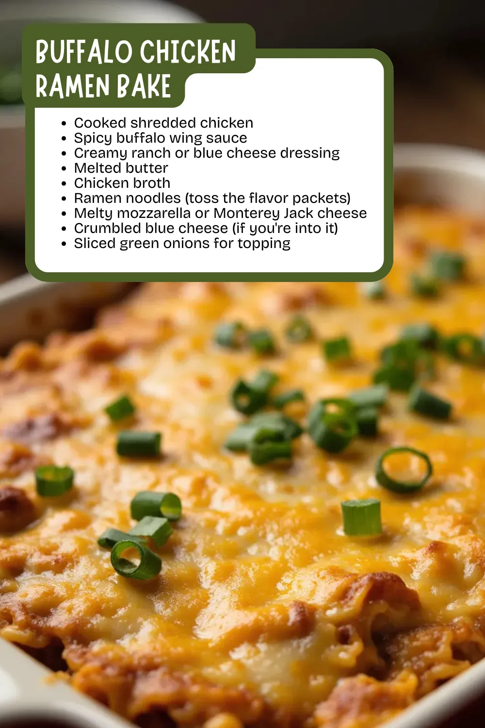 This Buffalo Chicken Ramen Bake is what comfort food dreams are made of! 🔥 A cheesy, saucy twist on buffalo chicken that’s easy to make and even easier to devour. #buffalochickenrecipe #ramenrecipes #cheesycasserole #quickdinners #familymeals #easybake