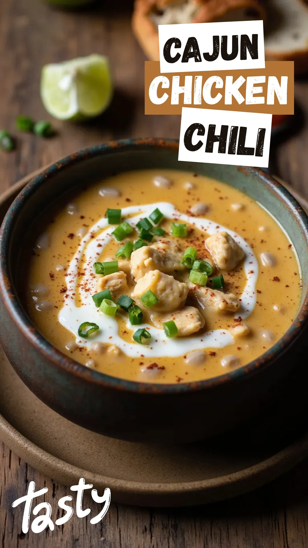 A creamy, fiery twist on white chicken chili packed with Cajun spice and Southern flair.