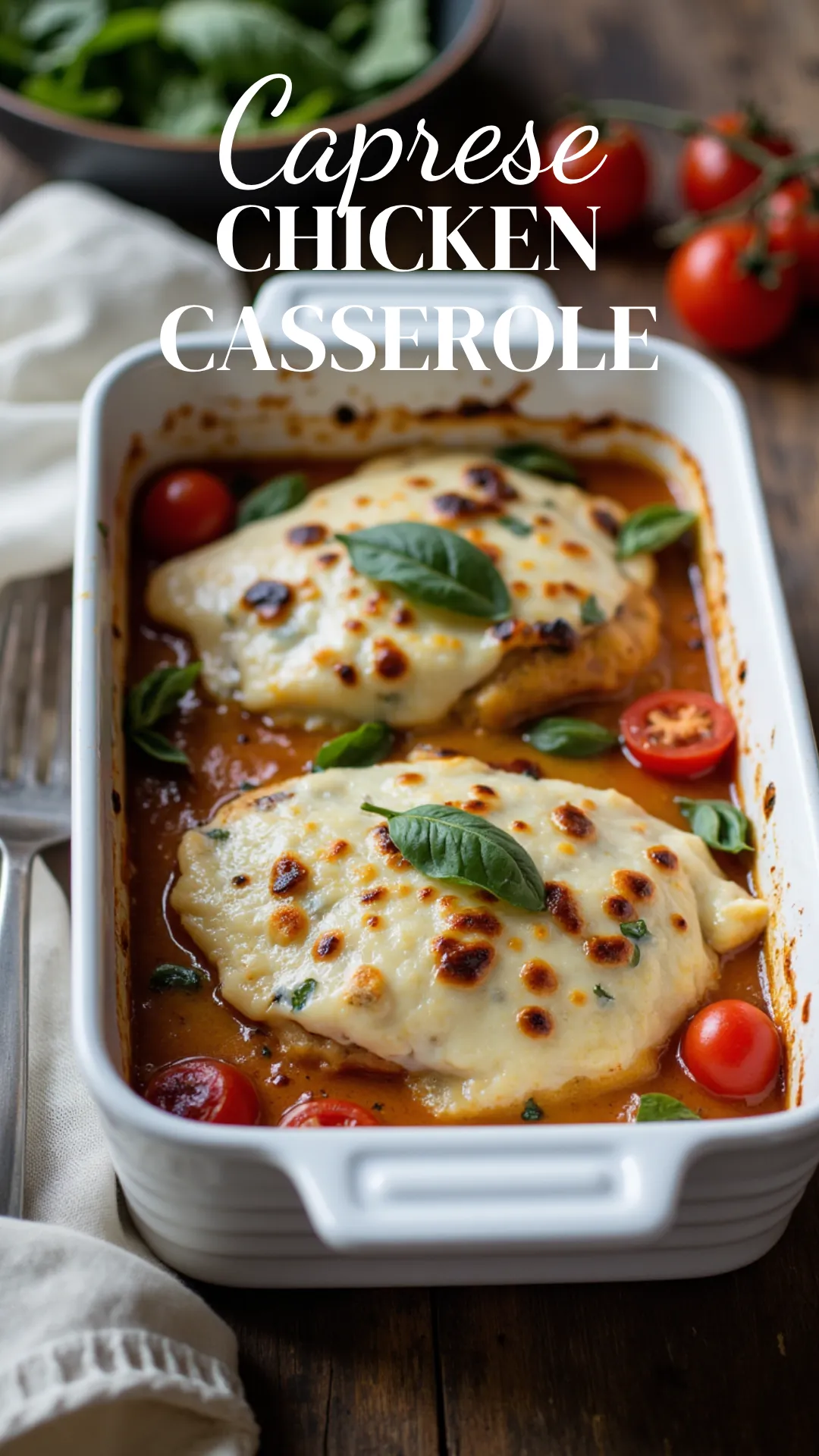 White casserole dish with golden baked Caprese Chicken Casserole: melted mozzarella, cherry tomatoes, basil leaves, and a balsamic drizzle, served hot on a rustic kitchen table