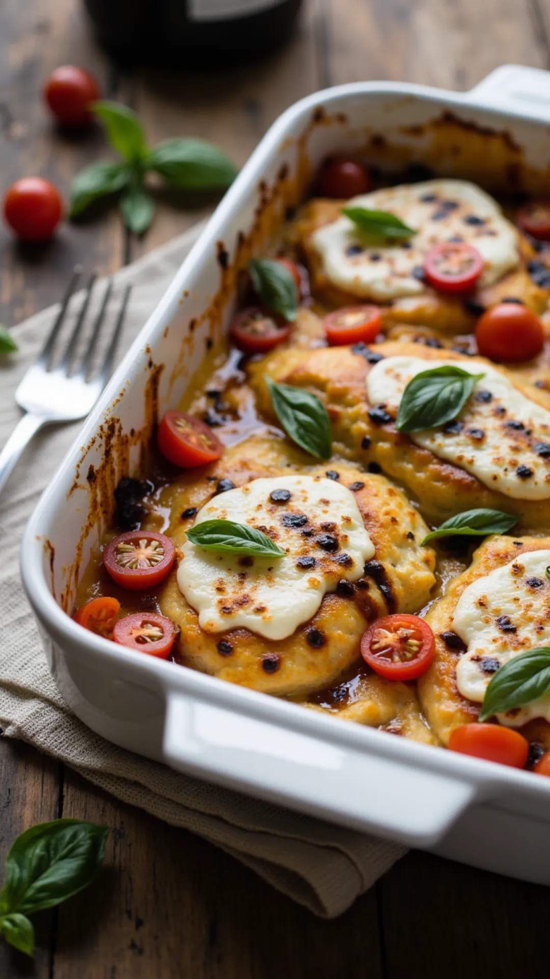 This cheesy, bubbly Caprese Chicken Casserole is comfort food with fresh summer flavor.