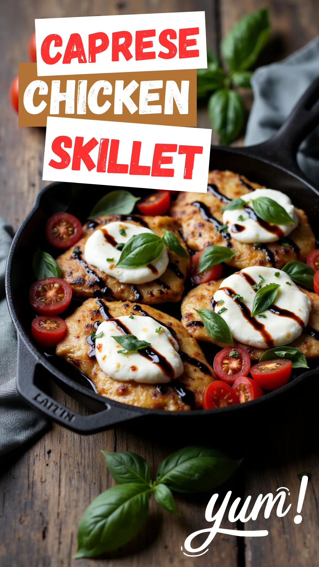 Cast iron skillet with seared chicken breasts, burst cherry tomatoes, melted mozzarella, fresh basil, and balsamic glaze, served hot on a rustic wood surface