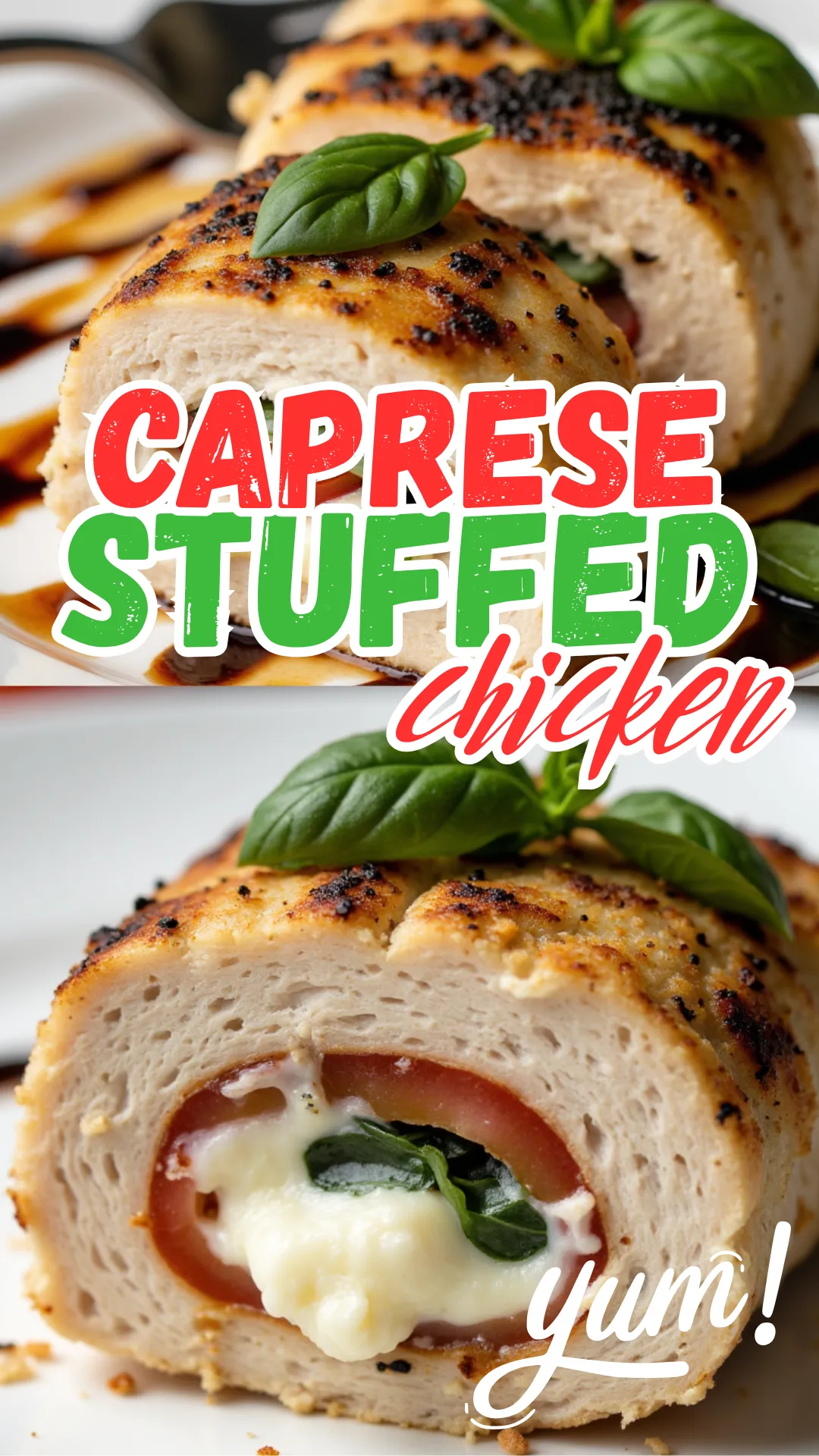 Juicy chicken breasts filled with mozzarella, tomato, and basil, seared and baked for a gooey, golden main dish.