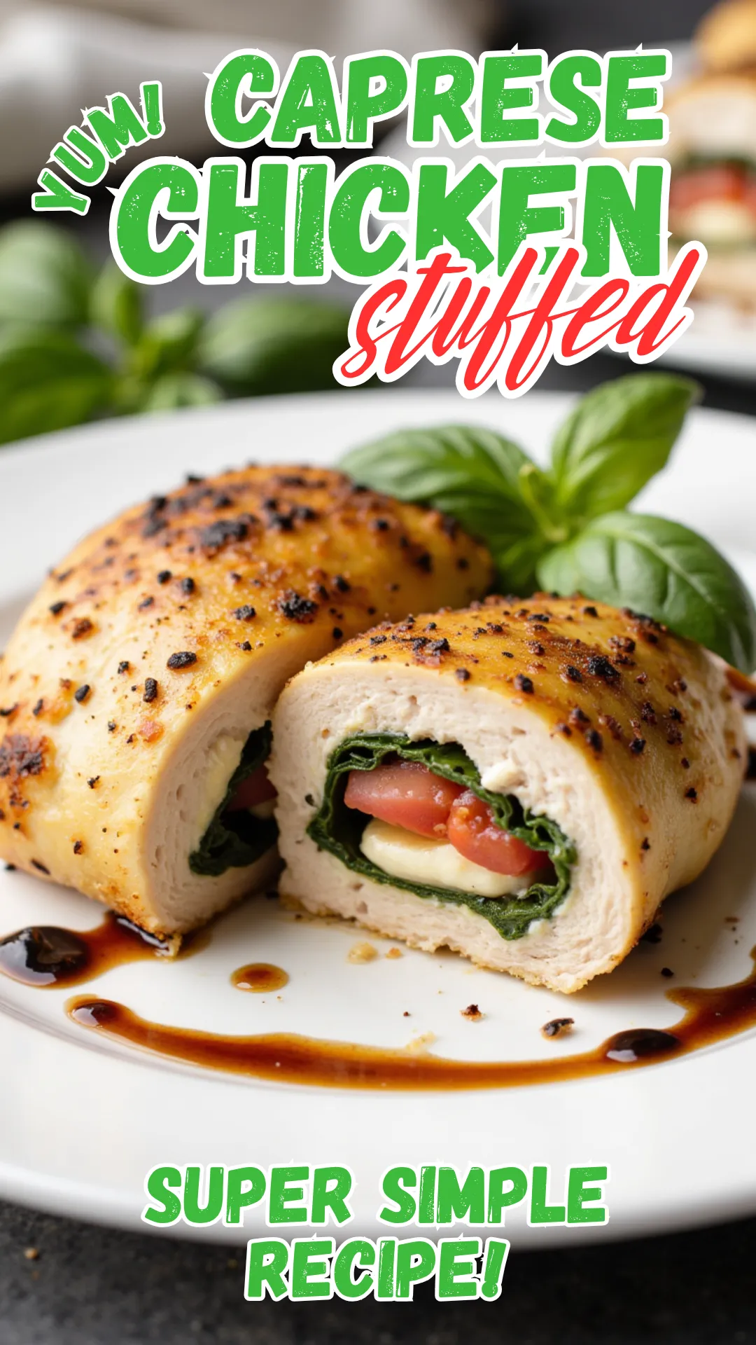 A sliced chicken breast showing melted mozzarella, fresh basil, and tomato inside, golden seared outside, served on a white plate with balsamic drizzle and basil garnish