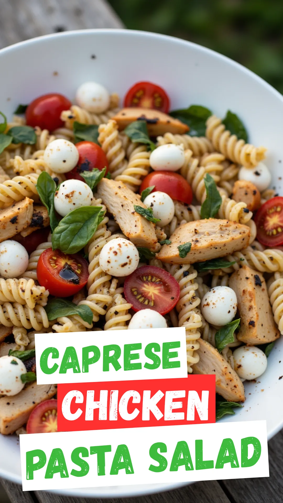 A large white bowl of Chicken Caprese Pasta Salad with rotini, grilled chicken chunks, halved cherry tomatoes, mozzarella pearls, torn basil, and a drizzle of balsamic vinaigrette, outdoor summer lighting