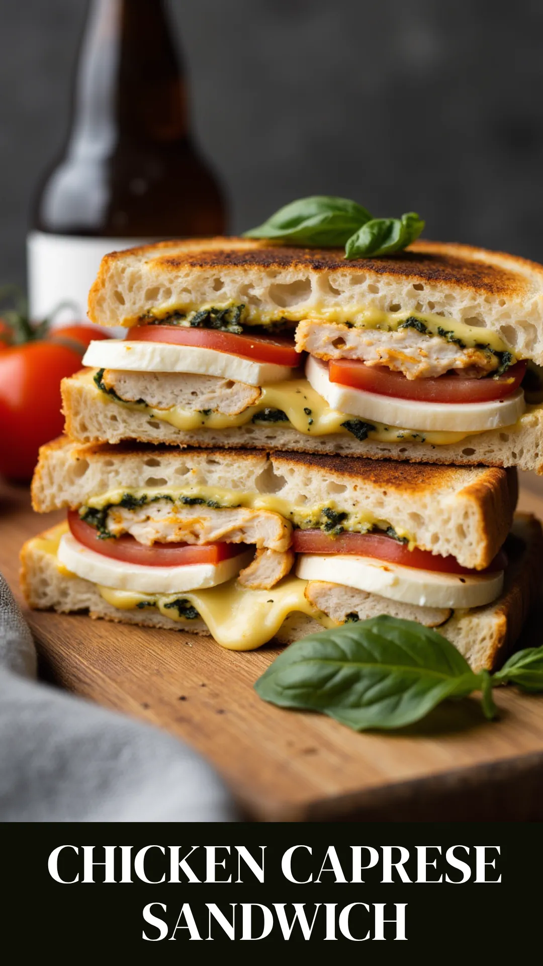 A toasted Chicken Caprese Sandwich sliced in half, showing layers of grilled chicken, mozzarella, tomato, pesto on ciabatta bread, melted cheese oozing slightly, shot on a wooden board with fresh basil and tomato
