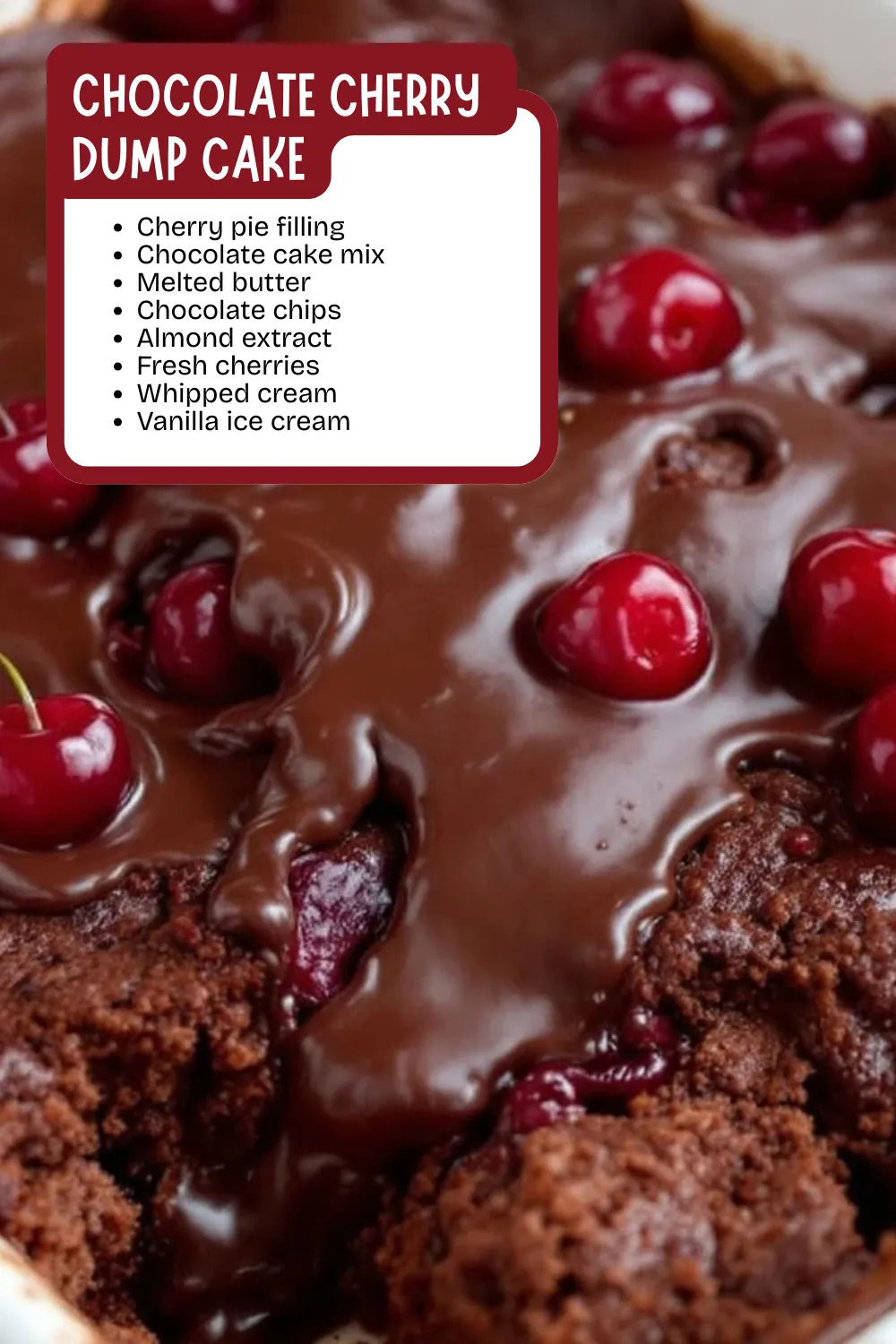 Chocolate Cherry Dump Cake = low effort, high reward. Just dump, bake, and serve with ice cream for the coziest treat ever! #easycake #3ingredientdessert #cherryrecipes #cakemixideas #familydesserts