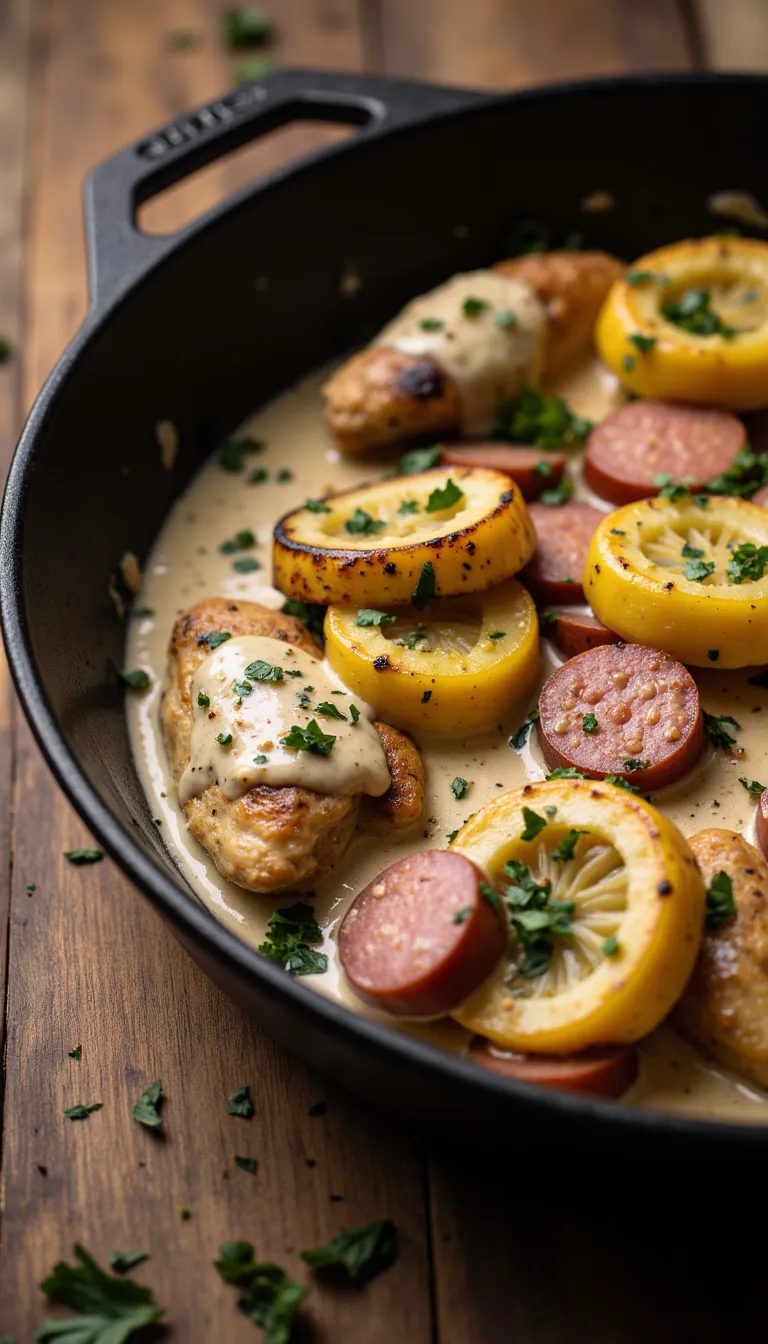 Who knew kielbasa, chicken, and patty pan squash could be so perfect together? This creamy cowboy skillet is quick, hearty, and full of flavor. #onepandinner #comfortfood #weeknightdinner
