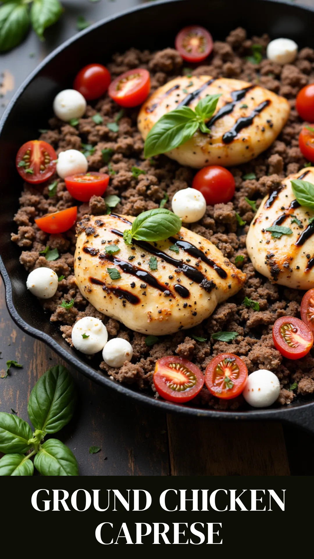 A one-pan dinner of sautéed ground chicken, juicy tomatoes, and mozzarella with basil and balsamic—easy and delicious.
