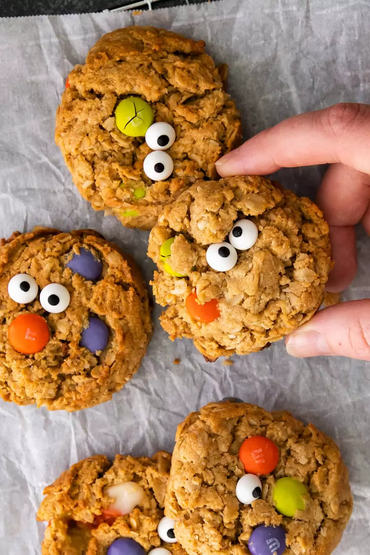 Packed with oats, candy eyes, and colorful Halloween M&Ms, these monster cookies are chewy, chunky, and adorably goofy. They're a perfect mix of spooky and sweet—plus, kids will love helping decorate the “faces.”