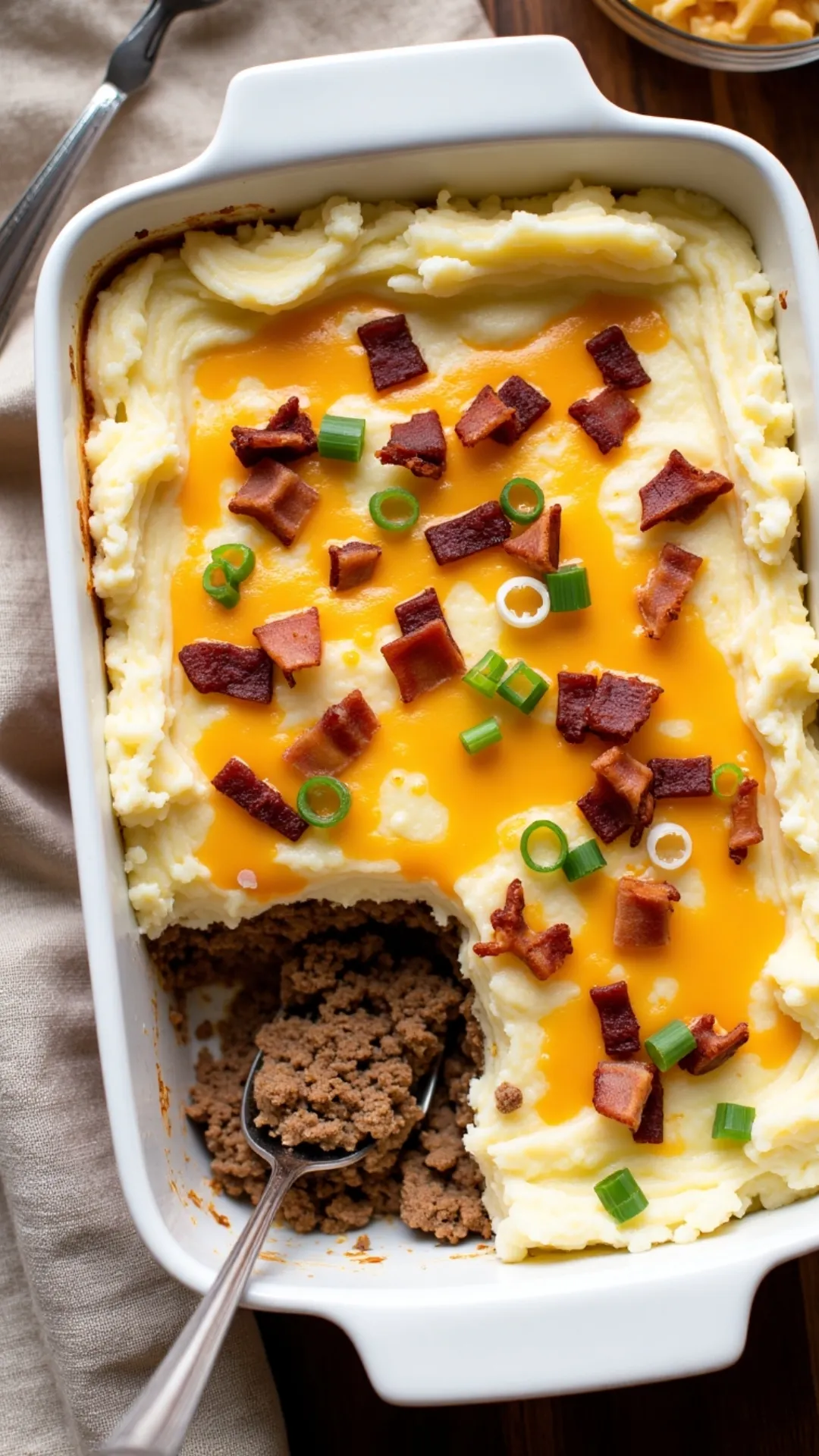 Stretch your ground beef into a cozy dinner everyone loves! This easy casserole layers mashed potatoes over meatloaf and adds cheese and bacon for the ultimate frugal meal win.