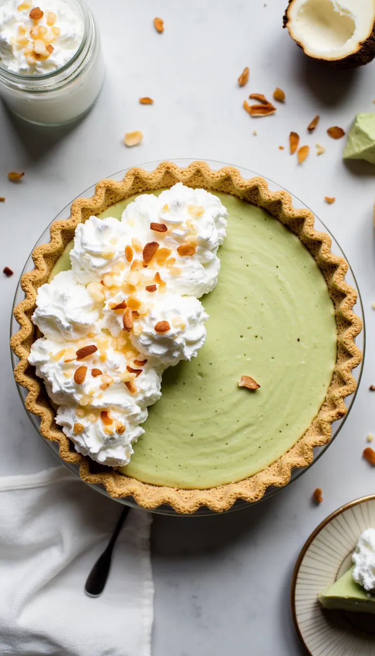 A show-stopping pie with matcha-infused coconut custard and toasted coconut topping. This dessert is as stunning as it is delicious! #GreenTeaPie #DessertLovers #BakingFun