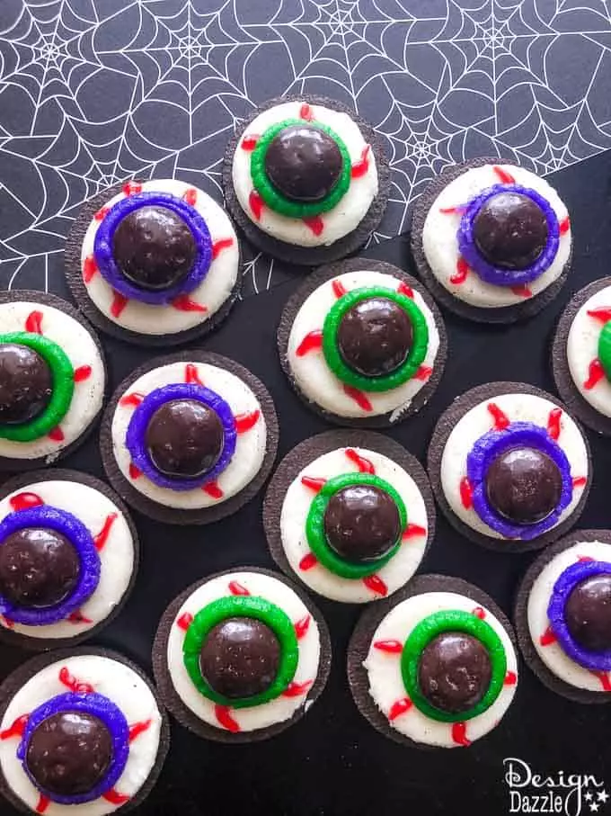 These creepy candy eyeball cookies use Oreos, frosting, and colorful chocolate to create a gory but fun look. They're a hit with kids (especially at classroom parties) and make a bold, bite-sized statement on any Halloween dessert table.