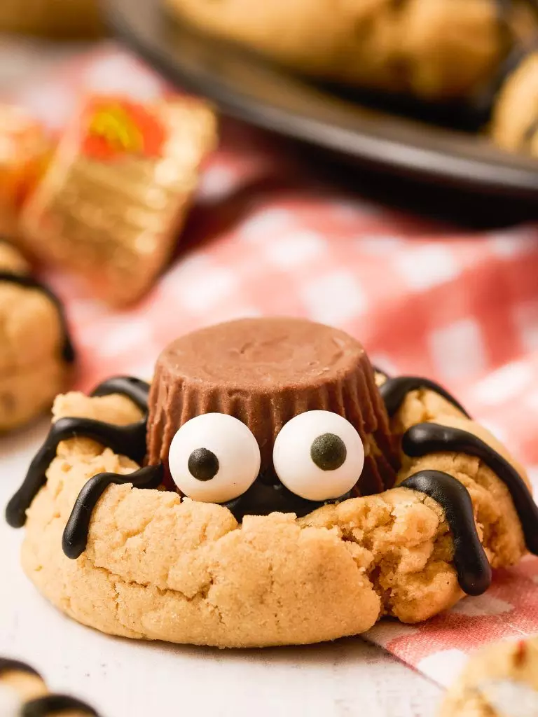 Soft peanut butter cookies topped with mini peanut butter cups and candy eyes transform into the cutest creepy crawlies. The chocolate legs give just the right amount of “ick” without being too scary for little ones!