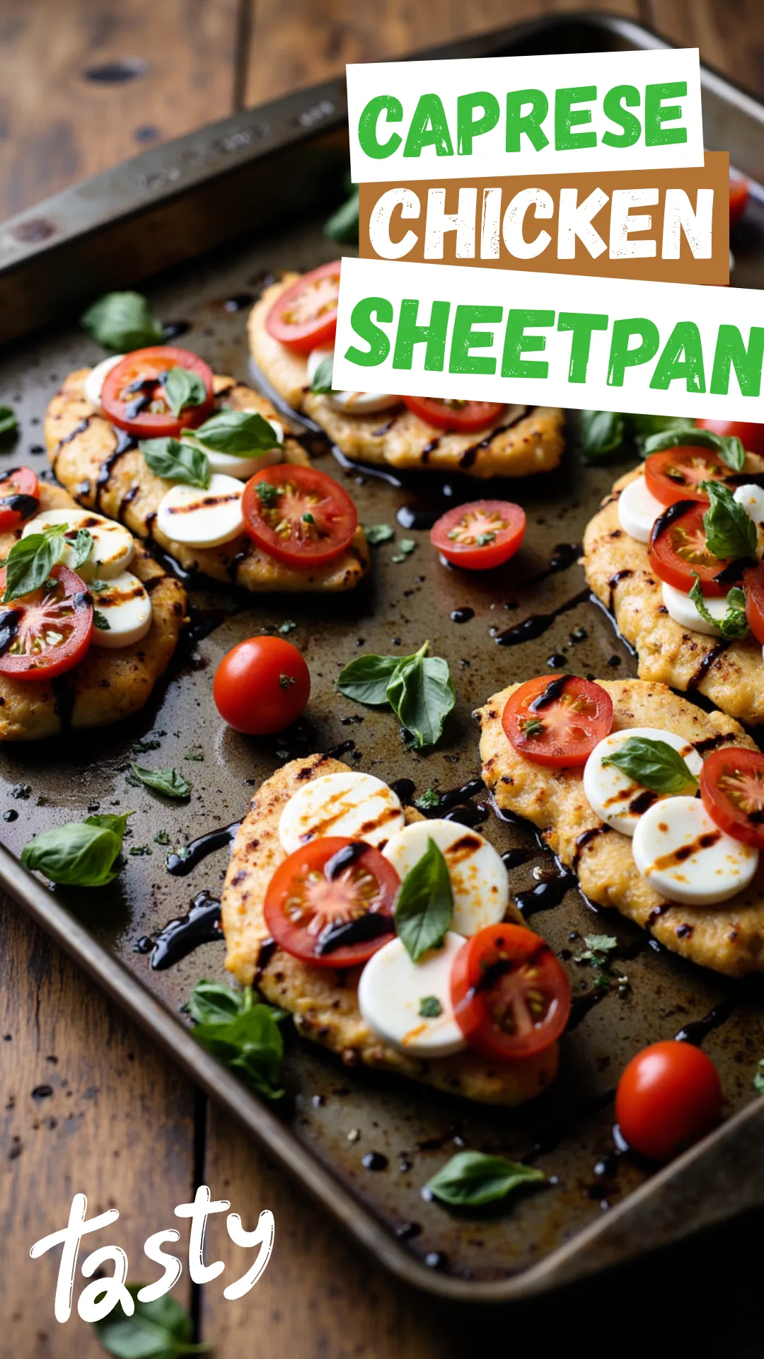 A sheet pan filled with golden Caprese Chicken breasts, each topped with fresh mozzarella and tomato slices, scattered basil leaves, and a generous balsamic glaze drizzle. Warm, rustic lighting and a wood table underneath.