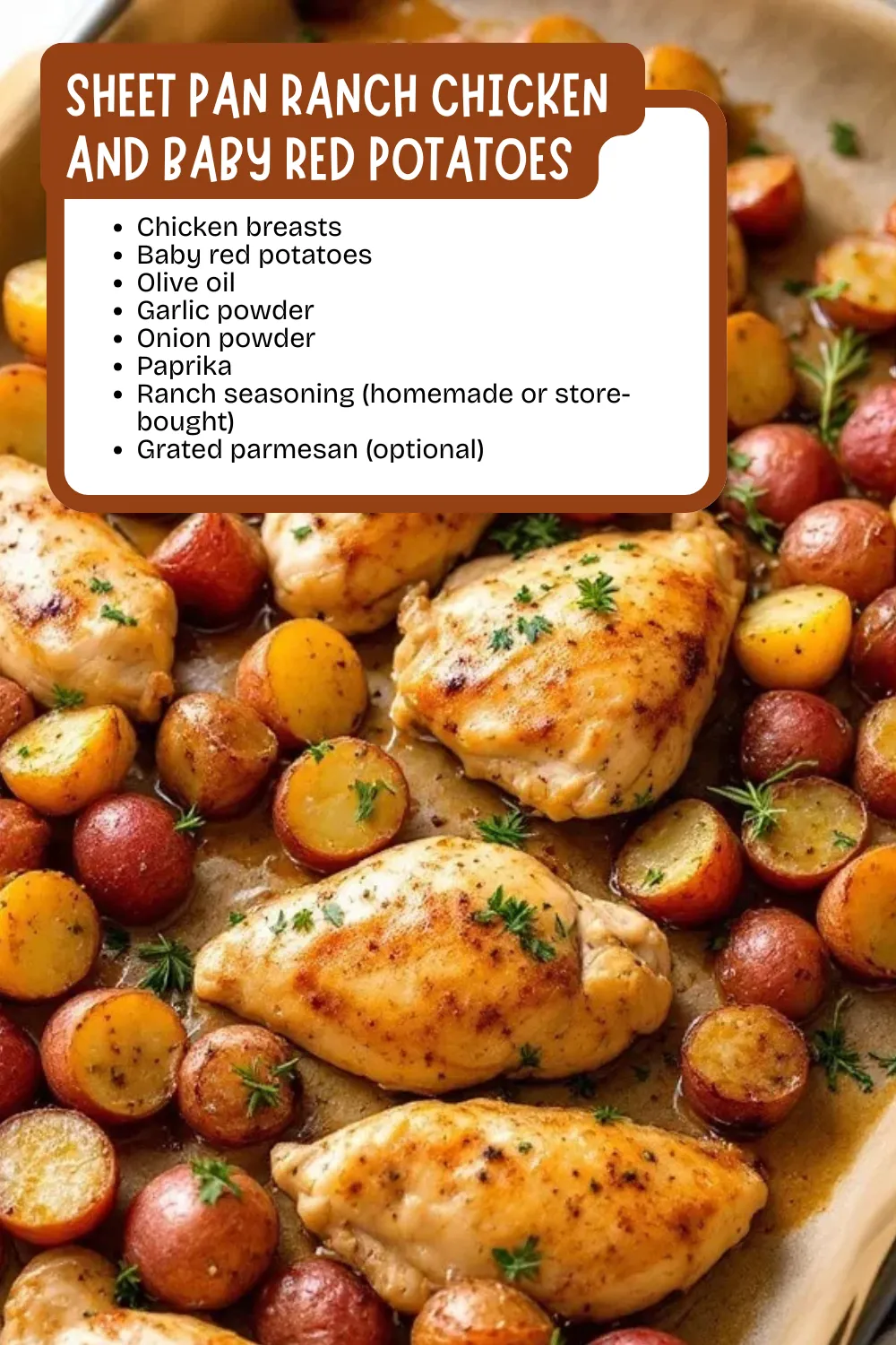 Busy night? Try this easy ranch chicken sheet pan dinner! Juicy chicken, crispy baby potatoes, and homemade ranch seasoning make it a hit with the whole crew. #onepandinner #chickenandpotatoes #ranchrecipe #familymeals #sheetpanrecipe

