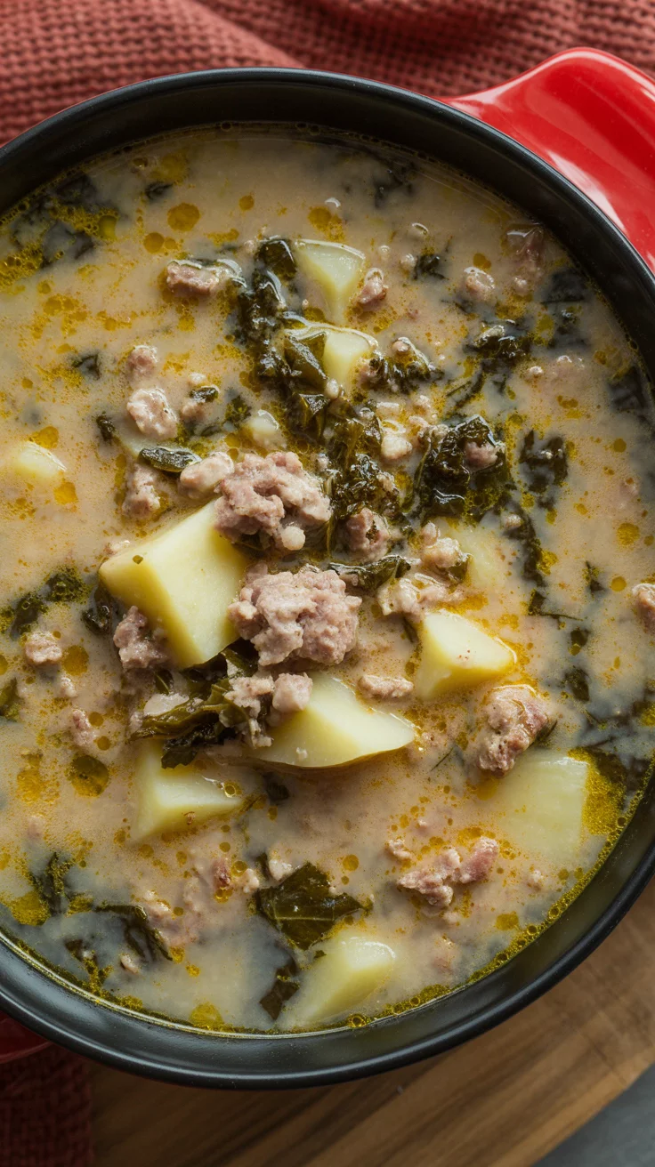 Warm up with a bowl of this rustic Tuscan Sausage & Potato Soup—a hearty slow cooker meal made with savory sausage, creamy cannellini beans, tender potatoes, and fresh kale. Perfect for cozy nights and family dinners! Just add crusty bread and you're set. #SlowCookerSoup #TuscanSoup #ComfortFood #FallRecipes #HeartySoup