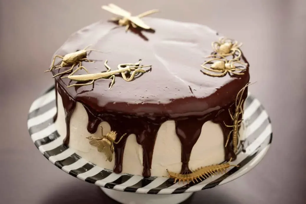 You’ll Bug Out Over our Black and White Tuxedo Cake - Oh my goodness this cake looks absolutely beautiful... until you notice the bugs crawling all over it! The kids will LOVE this!