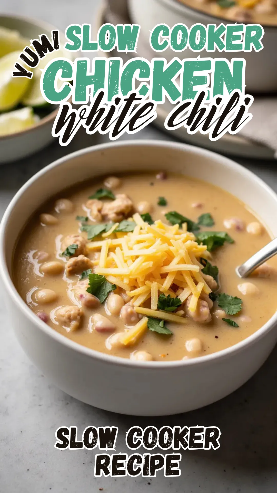 This slow cooker white chicken chili is the cozy comfort food your weeknight dinner routine has been missing. It’s creamy, hearty, full of tender shredded chicken—and it all comes together with almost no effort. Dump, stir, and let the slow cooker work its magic.