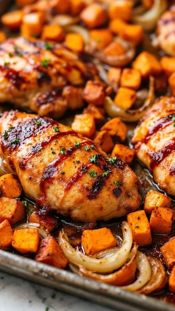 Looking for an easy, flavor-packed dinner that practically cooks itself? These BBQ Chicken Thighs with Sweet Potatoes and Onions are juicy, smoky, and slightly sweet, thanks to a sticky BBQ glaze. Paired with crispy roasted sweet potatoes and caramelized onions, this one-pan meal is the perfect balance of savory and sweet—without the extra dishes!