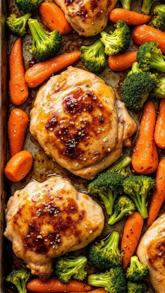 This Honey Garlic Chicken Thighs with Broccoli and Carrots is a sweet, savory, and ultra-easy dinner that’s packed with flavor. Juicy, caramelized chicken thighs are glazed in a rich honey garlic sauce, roasted alongside tender broccoli and carrots for a balanced, wholesome meal—all on one sheet pan!